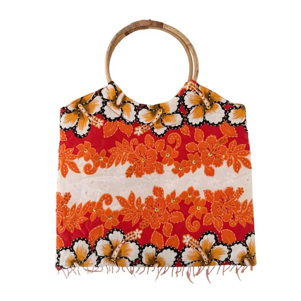 Kisses & Hugs Vintage Tropical Resort Floral Boho Beaded Bamboo Handle Purse Bag